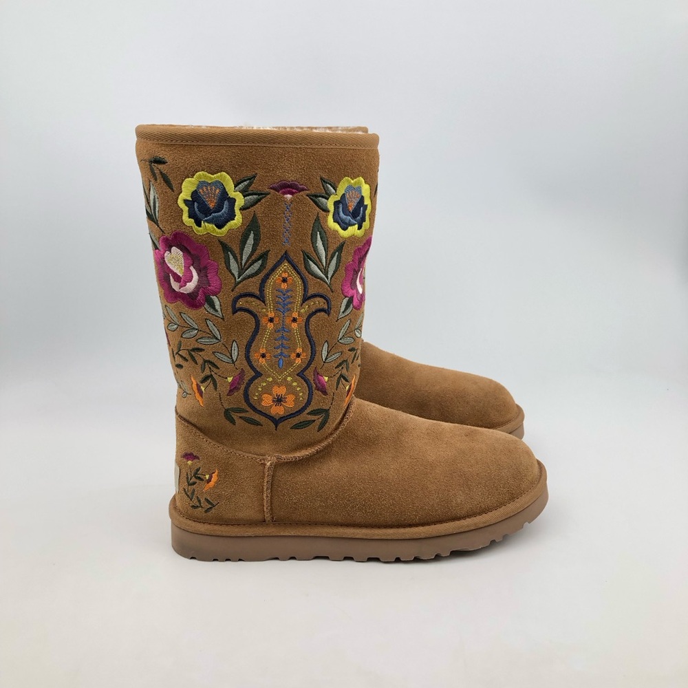 UGG Juliette Chestnut Sheepskin Shearling Leather Embroidered Boots Women’s 7